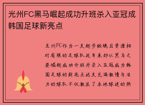 光州FC黑马崛起成功升班杀入亚冠成韩国足球新亮点