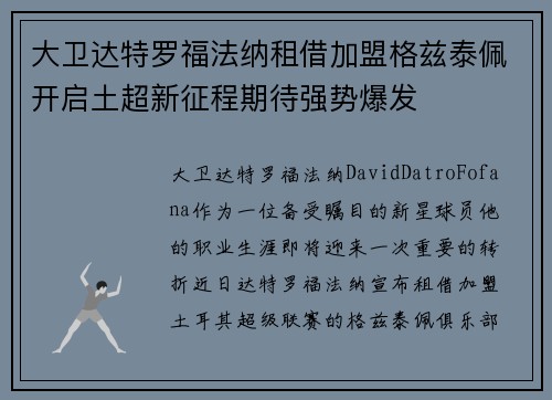 大卫达特罗福法纳租借加盟格兹泰佩开启土超新征程期待强势爆发
