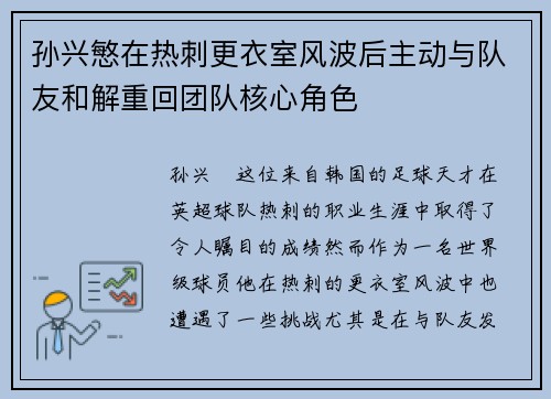孙兴慜在热刺更衣室风波后主动与队友和解重回团队核心角色