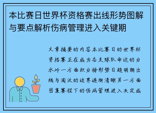 本比赛日世界杯资格赛出线形势图解与要点解析伤病管理进入关键期 本比赛日世界杯资格赛出线形势图解与要点解析伤病管理进入关键期